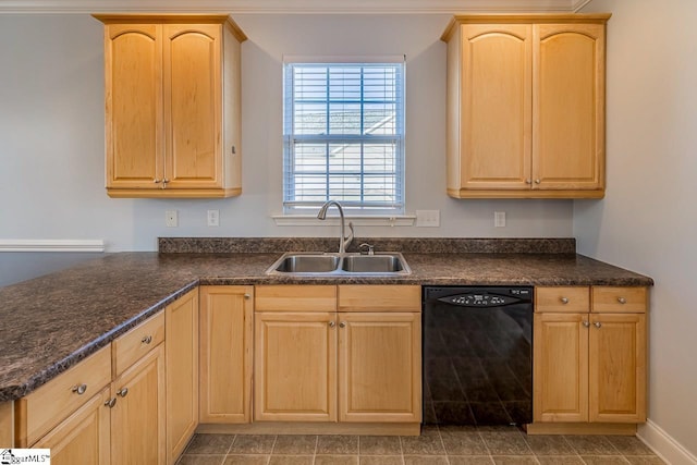 kitchen with light brown cabinetry, dishwasher, ornamental molding, and sink