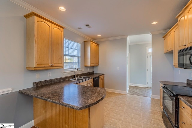 kitchen featuring sink, kitchen peninsula, crown molding, light brown cabinetry, and black appliances