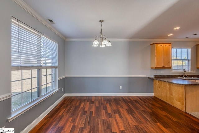 unfurnished dining area with a notable chandelier, a healthy amount of sunlight, sink, and dark wood-type flooring