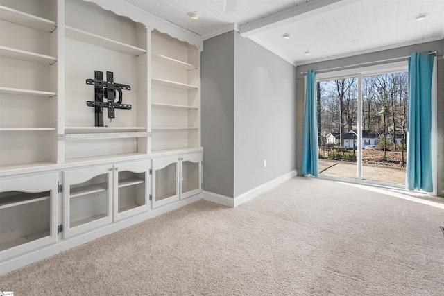 unfurnished living room with light carpet, lofted ceiling with beams, and wooden ceiling