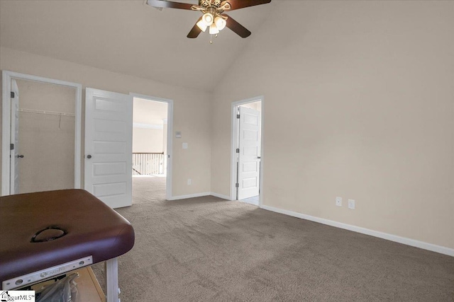 interior space with ceiling fan and high vaulted ceiling