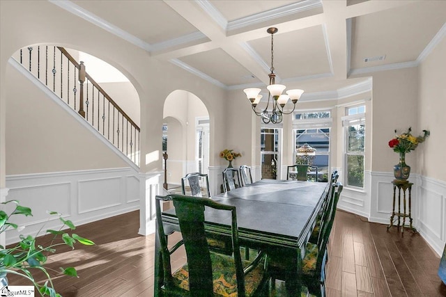 dining area featuring dark wood-type flooring, coffered ceiling, crown molding, beam ceiling, and a chandelier