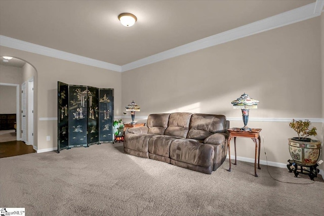 carpeted living room with crown molding