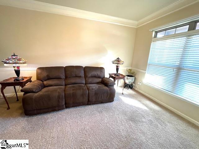 living room with plenty of natural light, carpet floors, and ornamental molding