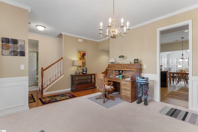 office area with light carpet, an inviting chandelier, and ornamental molding