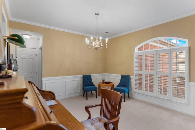 living area with light colored carpet, a chandelier, and ornamental molding