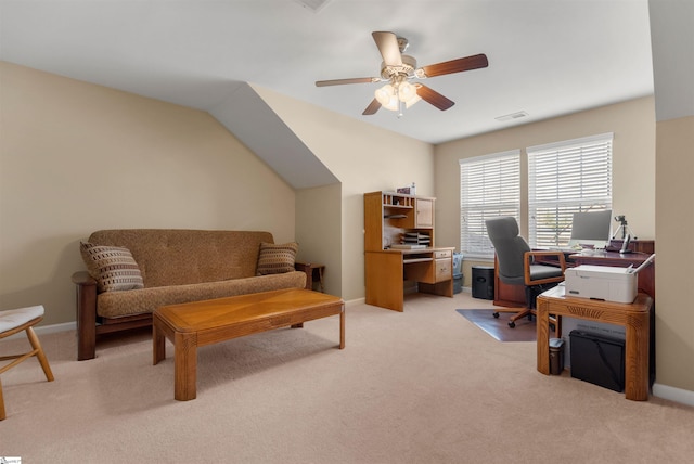 office space with light carpet and ceiling fan