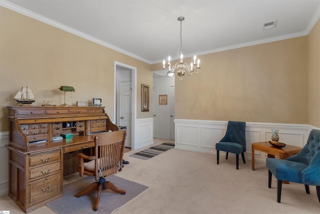 office area with light colored carpet, ornamental molding, and a notable chandelier