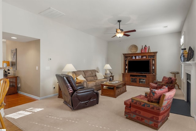 living room with ceiling fan