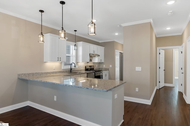 kitchen featuring pendant lighting, white cabinets, stainless steel gas stove, light stone countertops, and kitchen peninsula