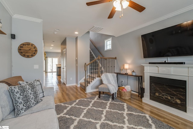 living room featuring light hardwood / wood-style floors, ceiling fan, and ornamental molding