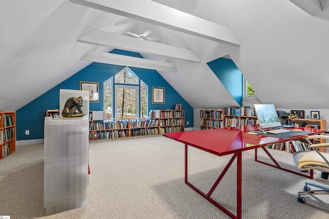 playroom featuring carpet flooring, vaulted ceiling with beams, and ceiling fan