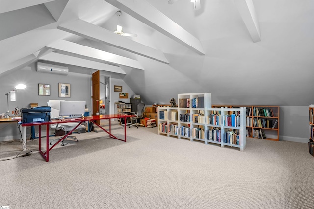 office area with a wall unit AC, vaulted ceiling with beams, ceiling fan, and carpet floors