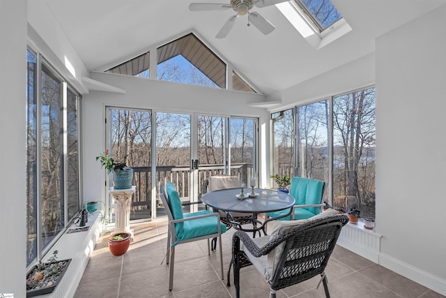 sunroom / solarium featuring a wealth of natural light, ceiling fan, and vaulted ceiling with skylight