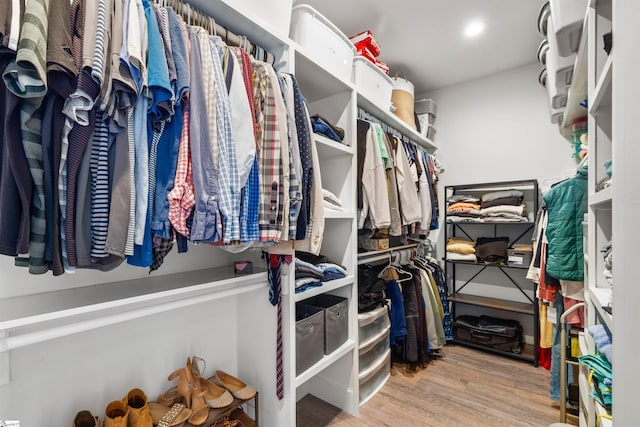 walk in closet with wood-type flooring