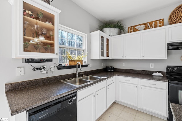 kitchen featuring white cabinetry, sink, black appliances, light tile patterned floors, and exhaust hood