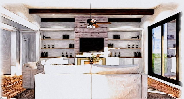 living room featuring hardwood / wood-style flooring, ceiling fan, beam ceiling, and a wealth of natural light