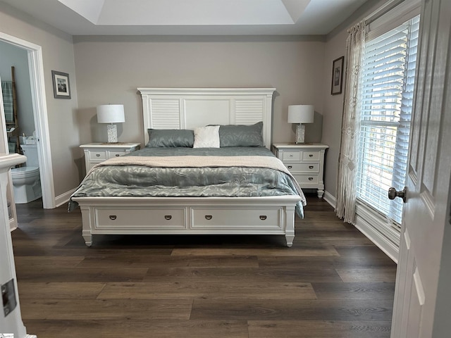 bedroom with dark hardwood / wood-style floors, a raised ceiling, multiple windows, and ensuite bath