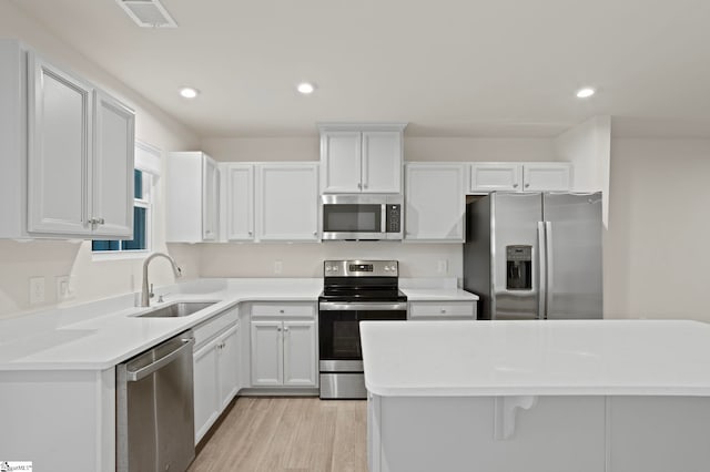 kitchen with white cabinetry, sink, appliances with stainless steel finishes, and light hardwood / wood-style flooring