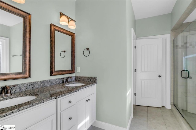 bathroom with tile patterned flooring, vanity, and a shower with door