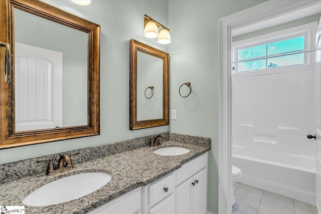 full bathroom with tile patterned flooring, vanity, toilet, and shower / bathtub combination