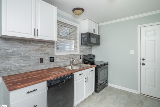 kitchen with crown molding, sink, white cabinets, and black appliances