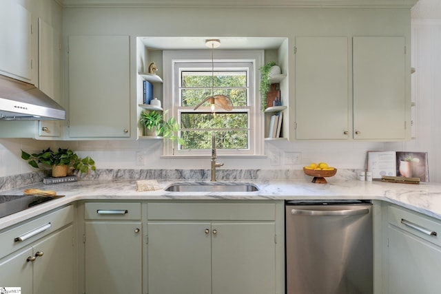 kitchen with extractor fan, light stone countertops, sink, and stainless steel dishwasher