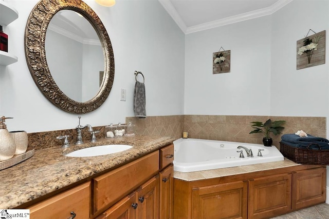 bathroom with tile patterned floors, a tub, crown molding, and vanity