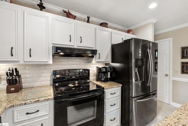 kitchen featuring white cabinetry, black electric range oven, stainless steel refrigerator with ice dispenser, a textured ceiling, and light tile patterned floors