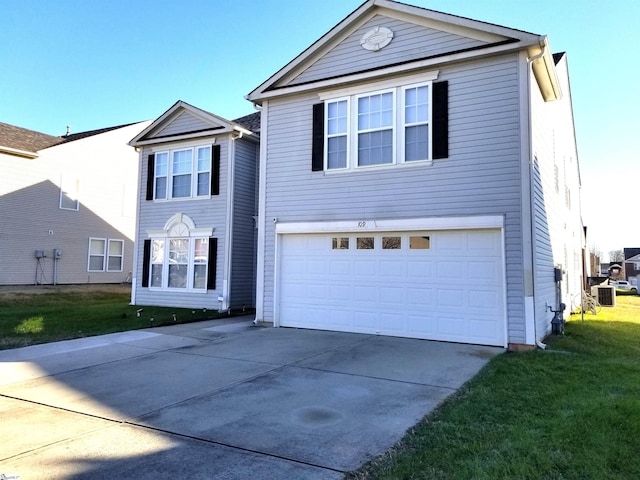 view of property with a front yard, a garage, and central AC unit