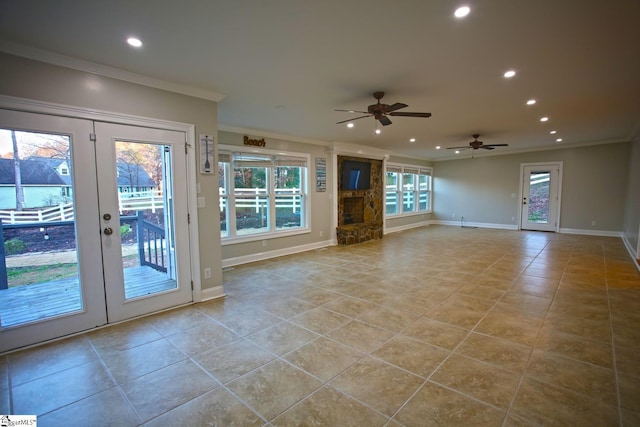 unfurnished living room featuring ceiling fan, french doors, light tile patterned floors, and crown molding