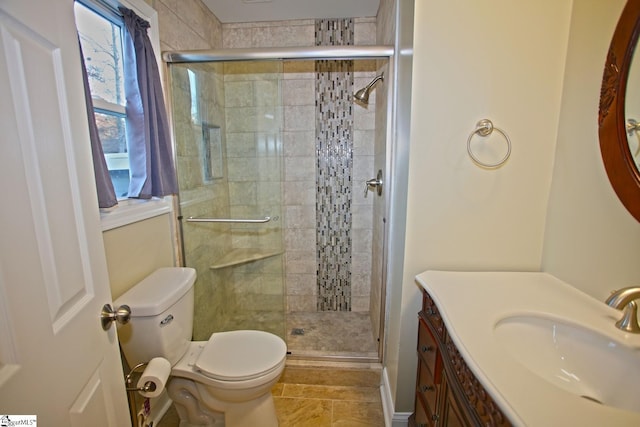 bathroom with tile patterned flooring, vanity, toilet, and an enclosed shower