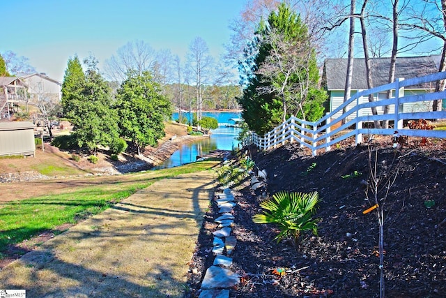 exterior space with a water view