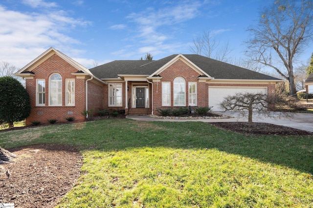 ranch-style home with a garage and a front lawn