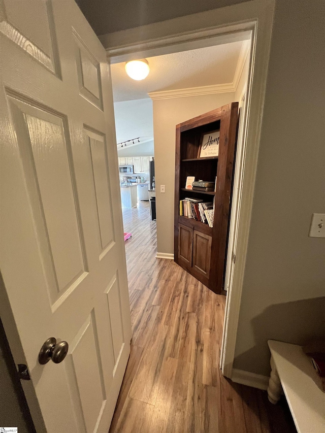 hallway featuring light hardwood / wood-style flooring and ornamental molding