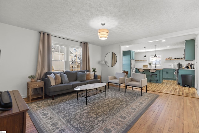 living room featuring a healthy amount of sunlight, a textured ceiling, and light hardwood / wood-style floors