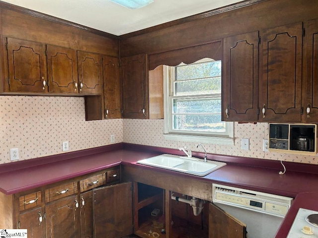 kitchen with dishwasher, dark brown cabinetry, and sink