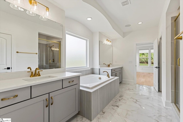 bathroom featuring vanity, a shower with door, and a wealth of natural light