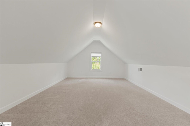 additional living space with light carpet and vaulted ceiling