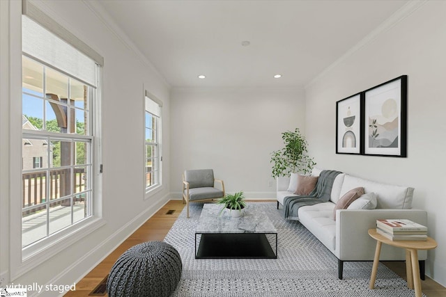 living room with hardwood / wood-style flooring and ornamental molding