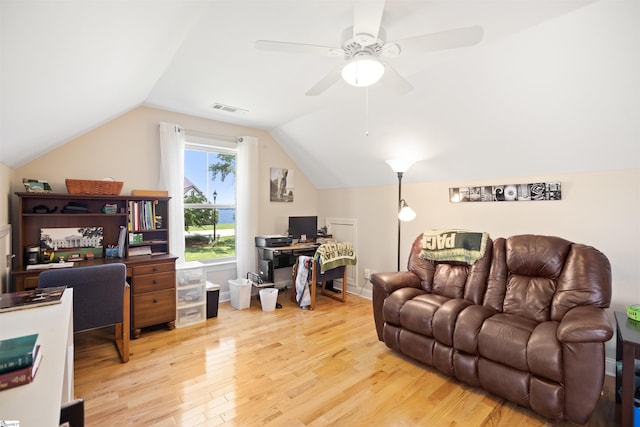 office area featuring lofted ceiling, ceiling fan, and wood-type flooring