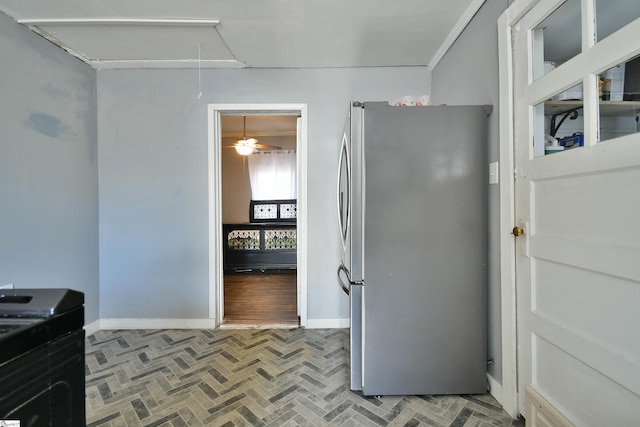 interior space with ceiling fan and tasteful backsplash