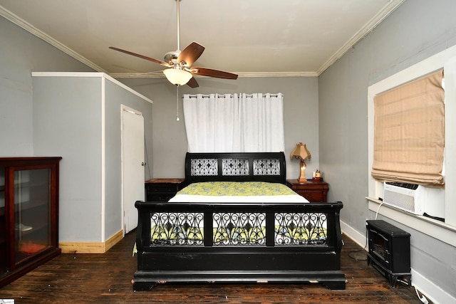 bedroom with dark hardwood / wood-style flooring, ceiling fan, and ornamental molding