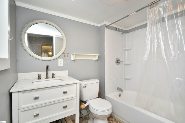 full bathroom with vanity, toilet, shower / bathtub combination with curtain, and ornamental molding