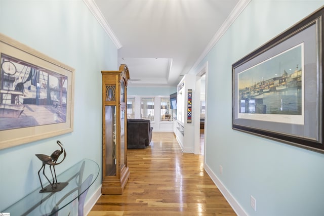 hall featuring light wood-type flooring and crown molding