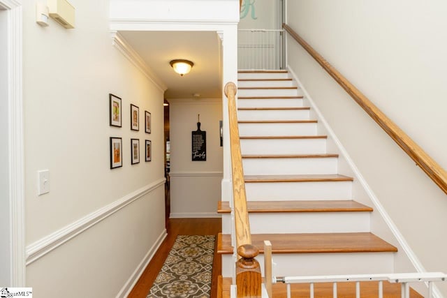 stairs featuring wood-type flooring and crown molding