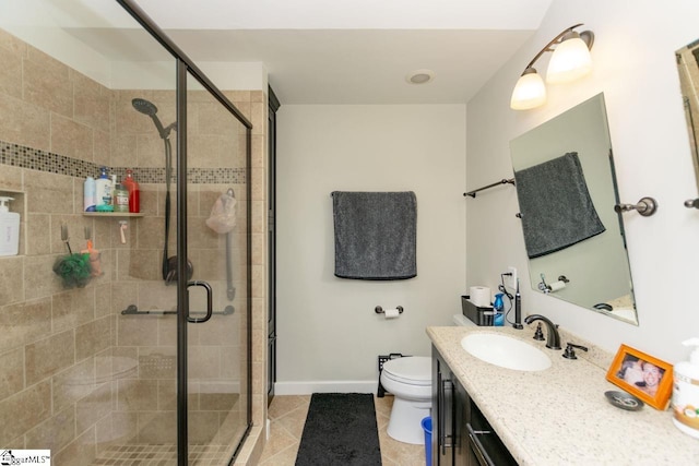 bathroom featuring tile patterned flooring, vanity, toilet, and a shower with shower door