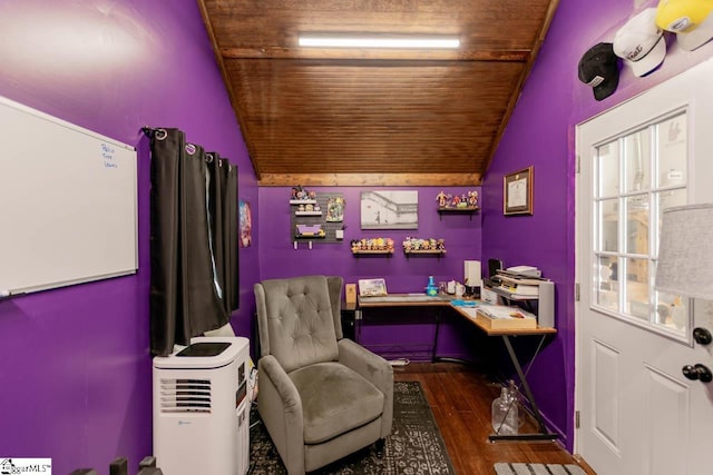 home office featuring dark hardwood / wood-style flooring, vaulted ceiling, plenty of natural light, and wooden ceiling