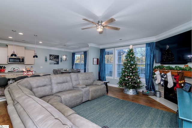 living room featuring dark hardwood / wood-style flooring, plenty of natural light, ceiling fan, and ornamental molding