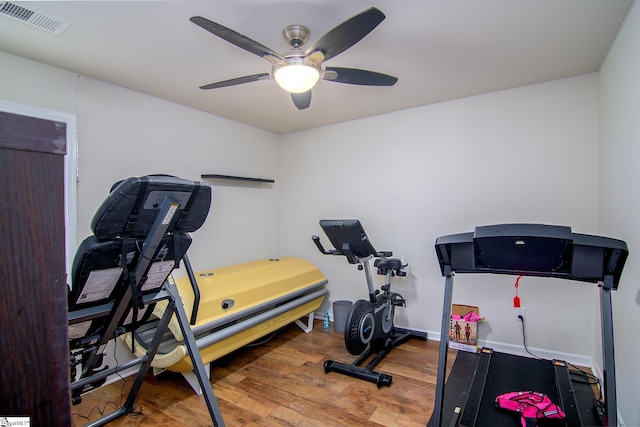 workout area featuring ceiling fan and hardwood / wood-style floors